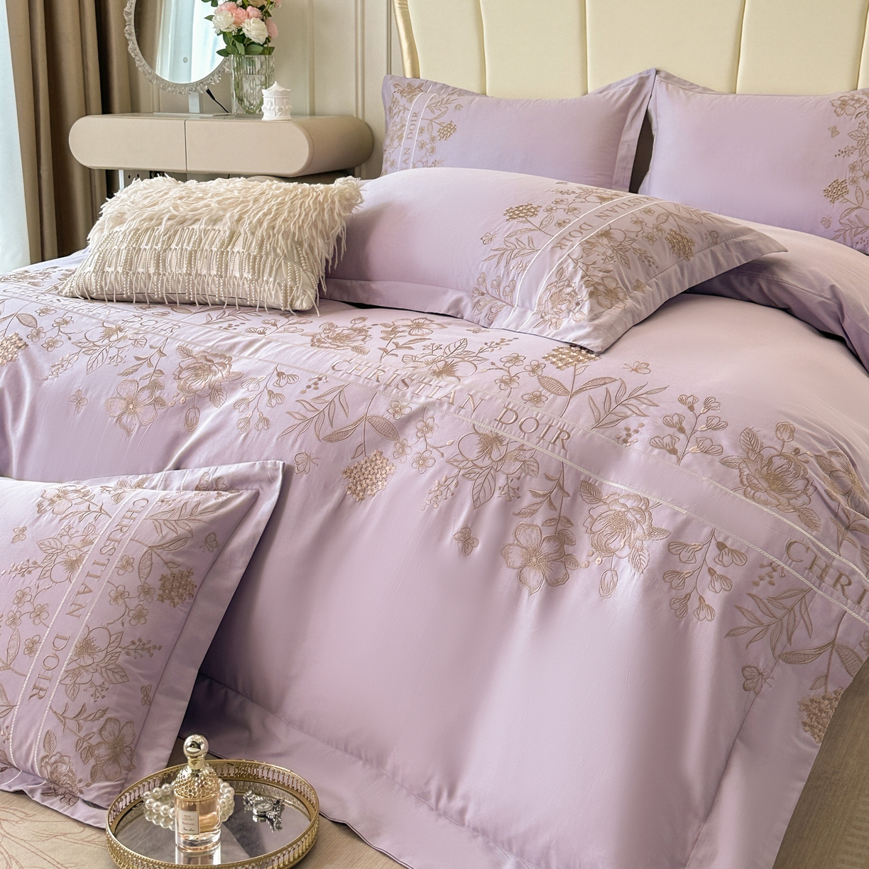 91家纺网 家纺一手货源 找家纺 绒掌柜家纺（品质焕新） 2026新款喷气全棉纯棉刺绣宽边四件套-清韵系列-版权产品-礼盒装 清韵-香芋紫