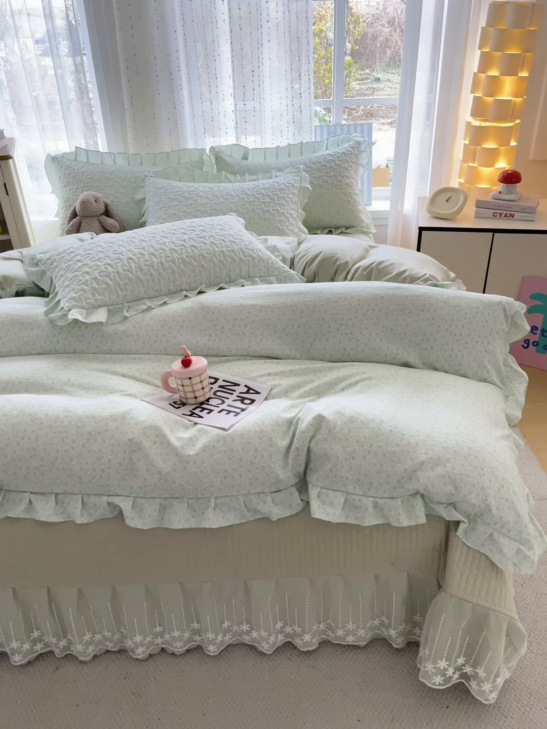 91家纺网 家纺一手货源 找家纺 艺慕家纺 2026新款直播热款古法仿棉AB版水洗棉印花双层蕾丝花边床盖四件套 AB版-薄荷绿