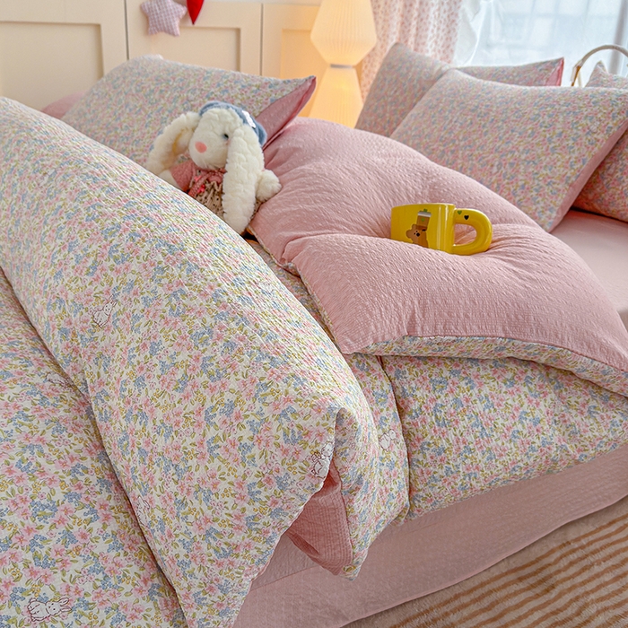 竹合家纺 2026春夏新品高克重A类泡芙纱泡泡皱皱纱四件套花间兔