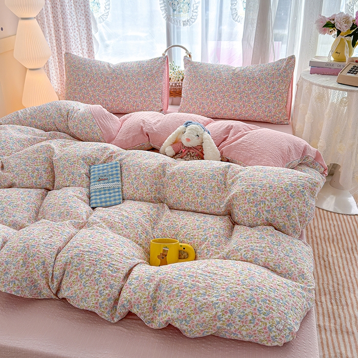 91家纺网 家纺一手货源 找家纺 竹合家纺 2026春夏新品高克重A类泡芙纱泡泡皱皱纱四件套花间兔