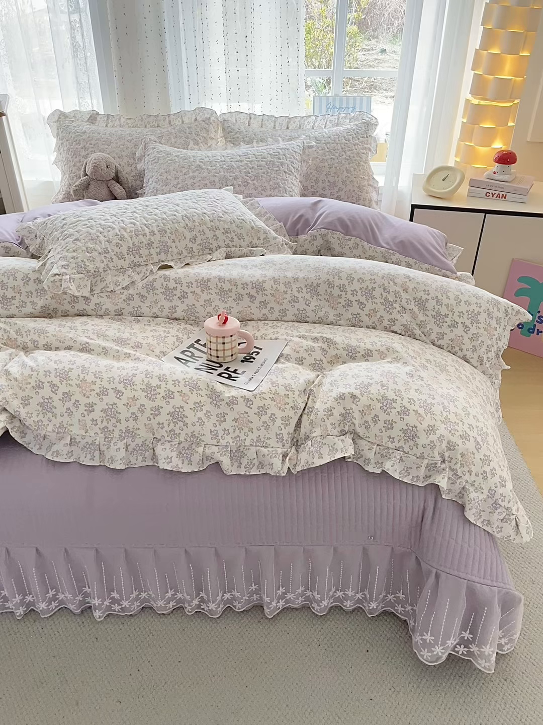 91家纺网 家纺一手货源 找家纺 艺慕家纺 2026新款直播热款古法仿棉AB版水洗棉印花双层蕾丝花边床盖四件套 AB版-丁香花