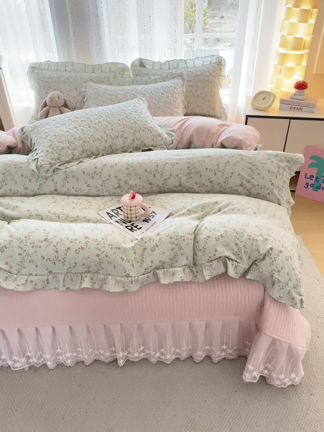 91家纺网 家纺一手货源 找家纺 艺慕家纺 2026新款直播热款古法仿棉AB版水洗棉印花双层蕾丝花边床盖四件套 AB版-雾紫花蔓