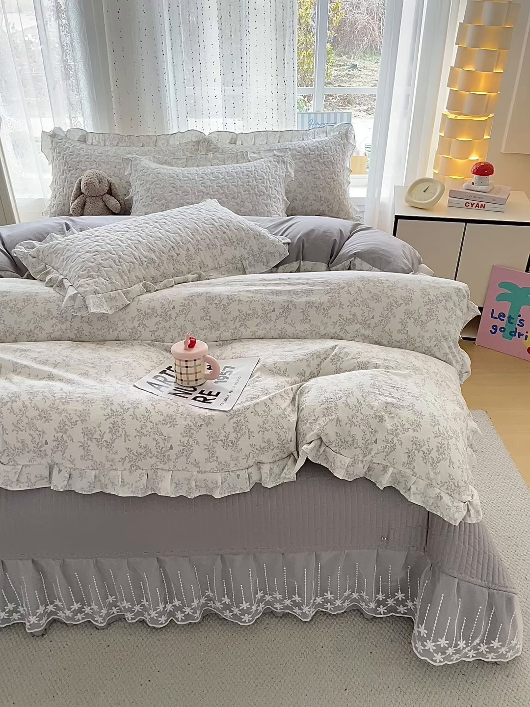 91家纺网 家纺一手货源 找家纺 艺慕家纺 2026新款直播热款古法仿棉AB版水洗棉印花双层蕾丝花边床盖四件套 AB版-素影