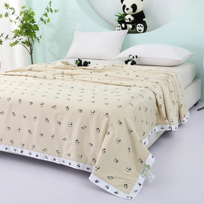 91家纺网 家纺一手货源 找家纺 薇玛仕 2026小熊猫系列-60支精梳长绒棉双拼角宽边双A类母婴级儿童蚕丝夏凉被空调被 小熊猫-金