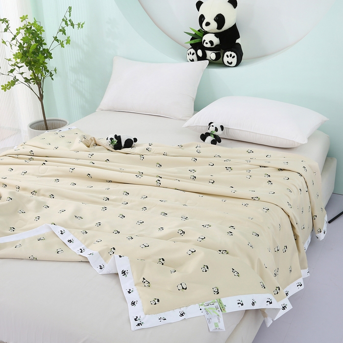91家纺网 家纺一手货源 找家纺 薇玛仕 2026小熊猫系列-60支精梳长绒棉双拼角宽边双A类母婴级儿童蚕丝夏凉被空调被 小熊猫-金