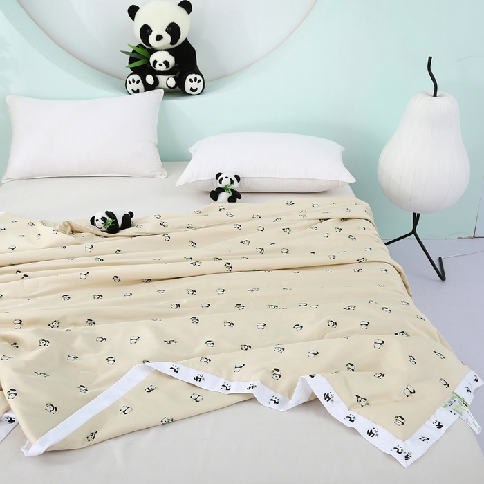 91家纺网 家纺一手货源 找家纺 薇玛仕 2026小熊猫系列-60支精梳长绒棉双拼角宽边双A类母婴级儿童蚕丝夏凉被空调被 小熊猫-金