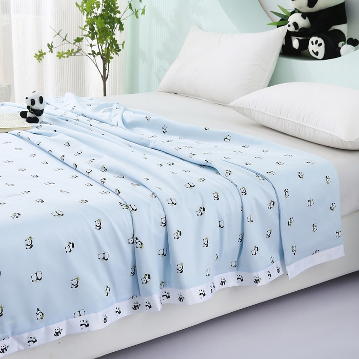 91家纺网 家纺一手货源 找家纺 薇玛仕 2026小熊猫系列-60支精梳长绒棉双拼角宽边双A类母婴级儿童蚕丝夏凉被空调被 小熊猫-兰