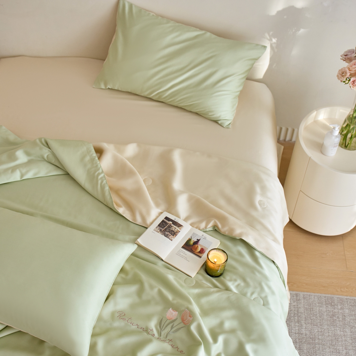 91家纺网 家纺一手货源 找家纺 纪梵茜 2026新款迷迭香李官奇大豆被兰精天丝夏被四件套莱赛尔绣花夏凉被凉感空调被 迷迭香-果绿