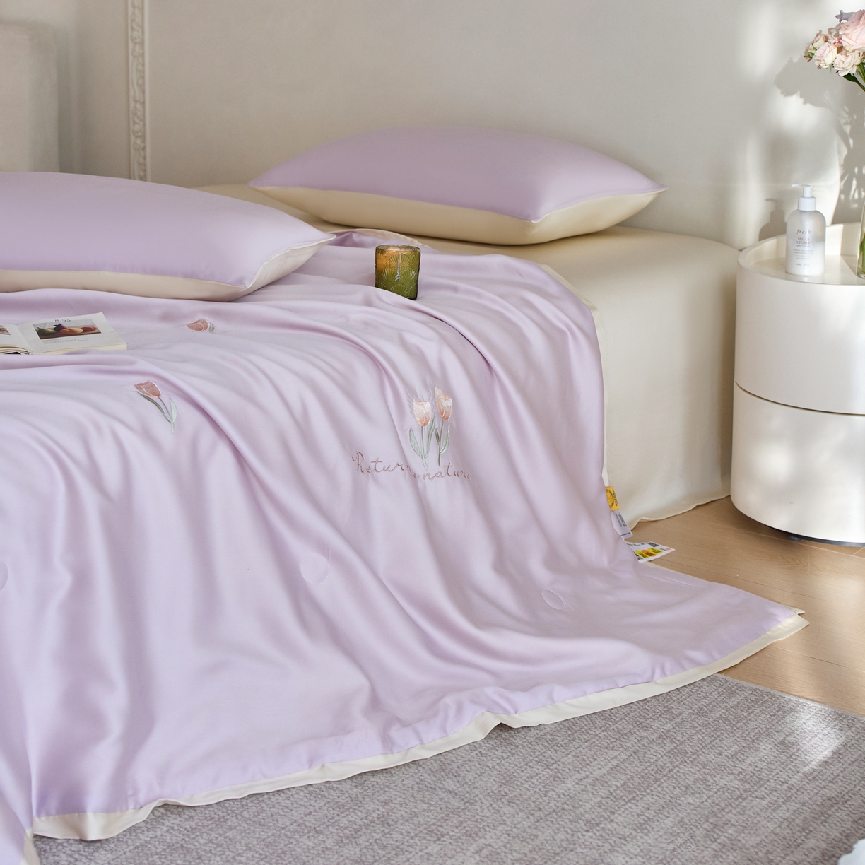 91家纺网 家纺一手货源 找家纺 纪梵茜 2026新款迷迭香李官奇大豆被兰精天丝夏被四件套莱赛尔绣花夏凉被凉感空调被 迷迭香-丁香紫