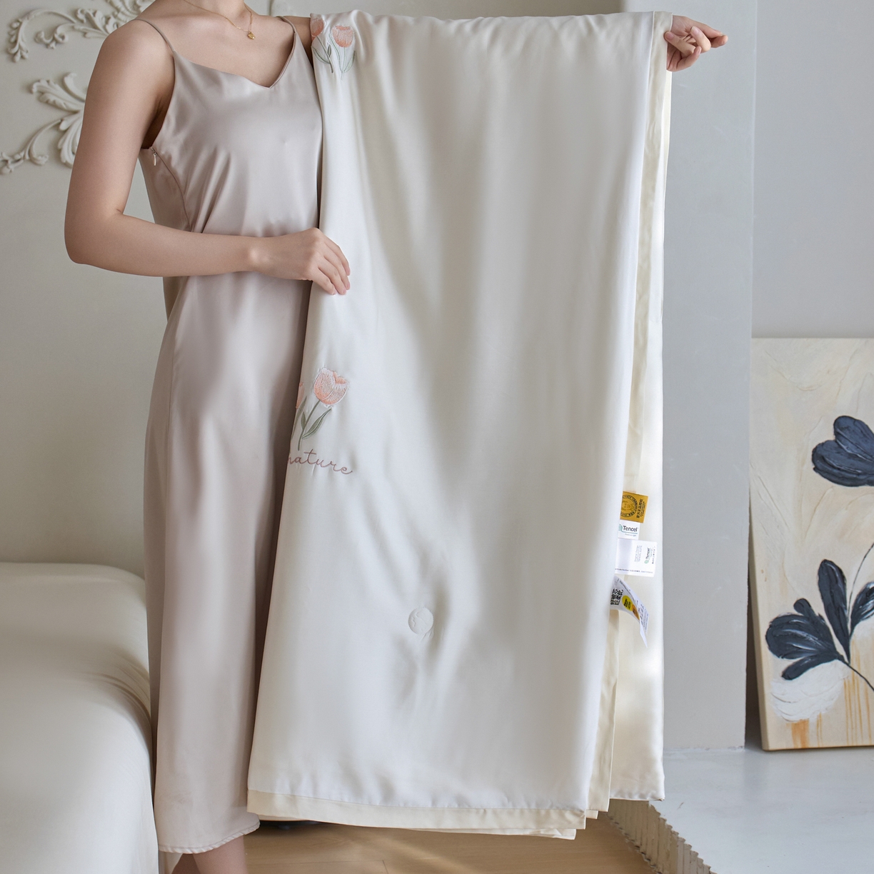 91家纺网 家纺一手货源 找家纺 纪梵茜 2026新款迷迭香李官奇大豆被兰精天丝夏被四件套莱赛尔绣花夏凉被凉感空调被 迷迭香-米白