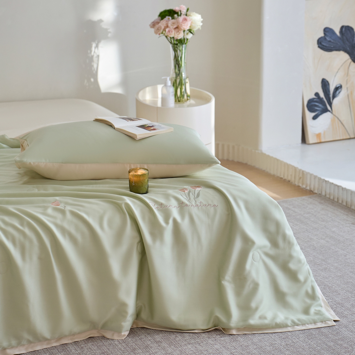 91家纺网 家纺一手货源 找家纺 纪梵茜 2026新款迷迭香李官奇大豆被兰精天丝夏被四件套莱赛尔绣花夏凉被凉感空调被 迷迭香-果绿