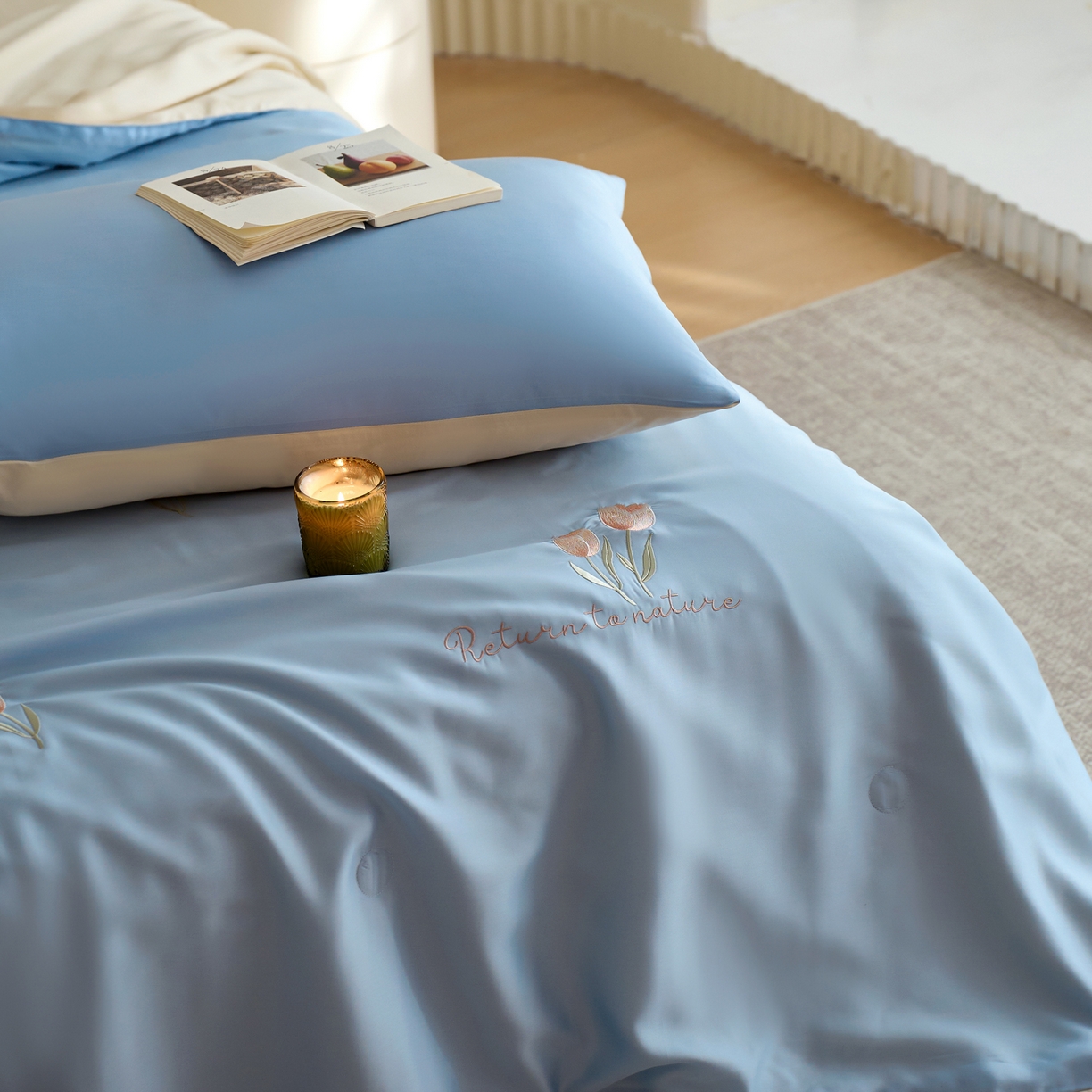 91家纺网 家纺一手货源 找家纺 纪梵茜 2026新款迷迭香李官奇大豆被兰精天丝夏被四件套莱赛尔绣花夏凉被凉感空调被 迷迭香-蔚蓝