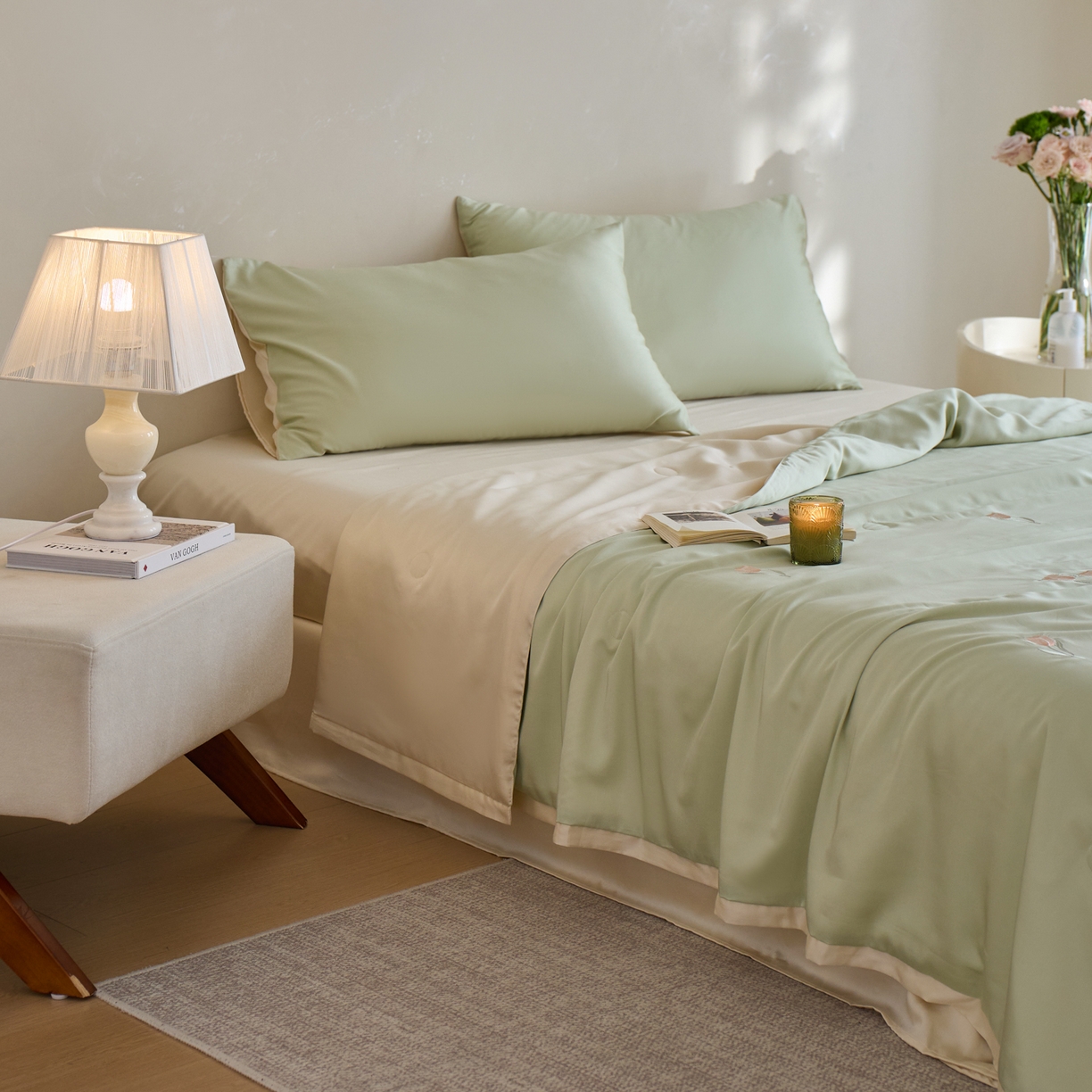 91家纺网 家纺一手货源 找家纺 纪梵茜 2026新款迷迭香李官奇大豆被兰精天丝夏被四件套莱赛尔绣花夏凉被凉感空调被 迷迭香-果绿