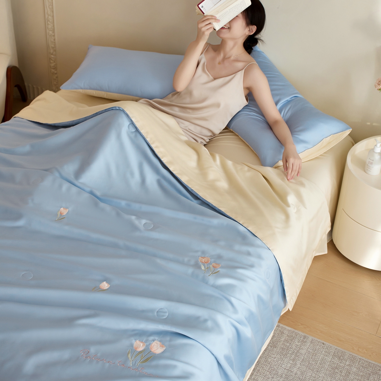 91家纺网 家纺一手货源 找家纺 纪梵茜 2026新款迷迭香李官奇大豆被兰精天丝夏被四件套莱赛尔绣花夏凉被凉感空调被 迷迭香-蔚蓝