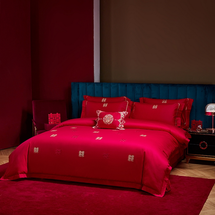 91家纺网 家纺一手货源 找家纺 晶缦家纺 2026新款喷气全棉13376纯棉刺绣花婚庆四件套 吾家有喜