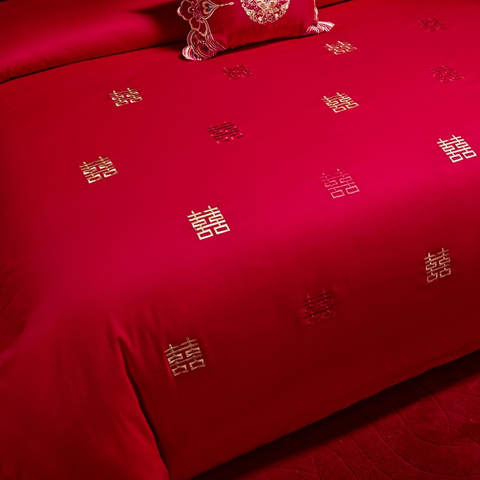 91家纺网 家纺一手货源 找家纺 晶缦家纺 2026新款喷气全棉13376纯棉刺绣花婚庆四件套 吾家有喜