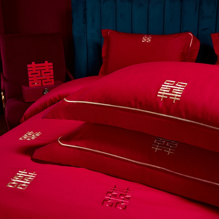 91家纺网 家纺一手货源 找家纺 晶缦家纺 2026新款喷气全棉13376纯棉刺绣花婚庆四件套 吾家有喜