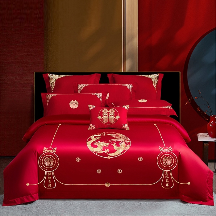 晶缦家纺 2026新款喷气全棉13376纯棉刺绣花婚庆四件套 龙章凤姿