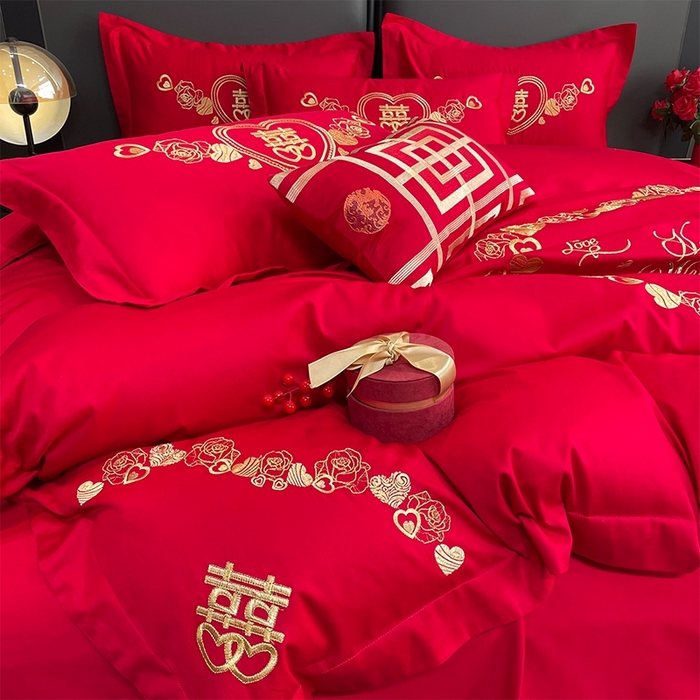 91家纺网 家纺一手货源 找家纺 晶缦家纺 2026新款喷气全棉13376纯棉刺绣花婚庆四件套 新婚快乐-金