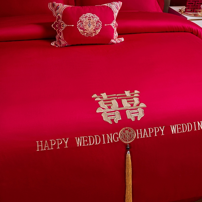 91家纺网 家纺一手货源 找家纺 晶缦家纺 2026新款喷气全棉13376纯棉刺绣花婚庆四件套 百年好合