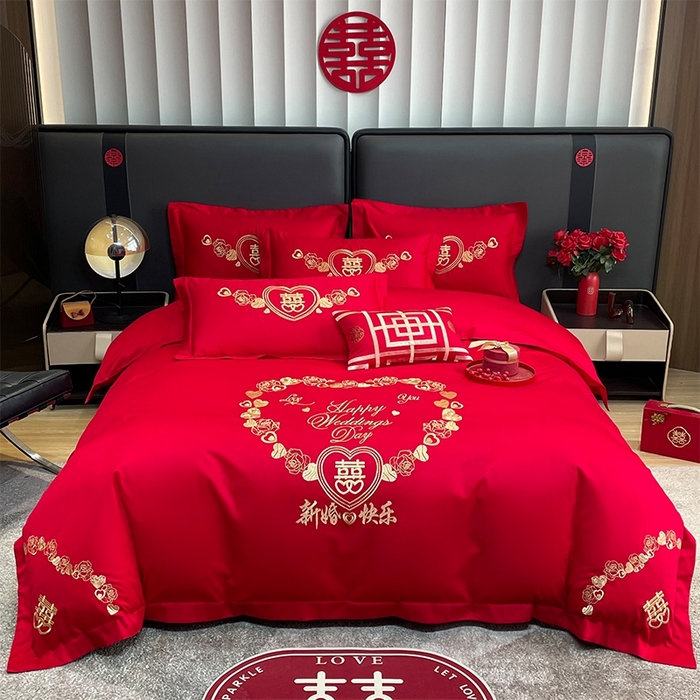 晶缦家纺 2026新款喷气全棉13376纯棉刺绣花婚庆四件套 新婚快乐-金