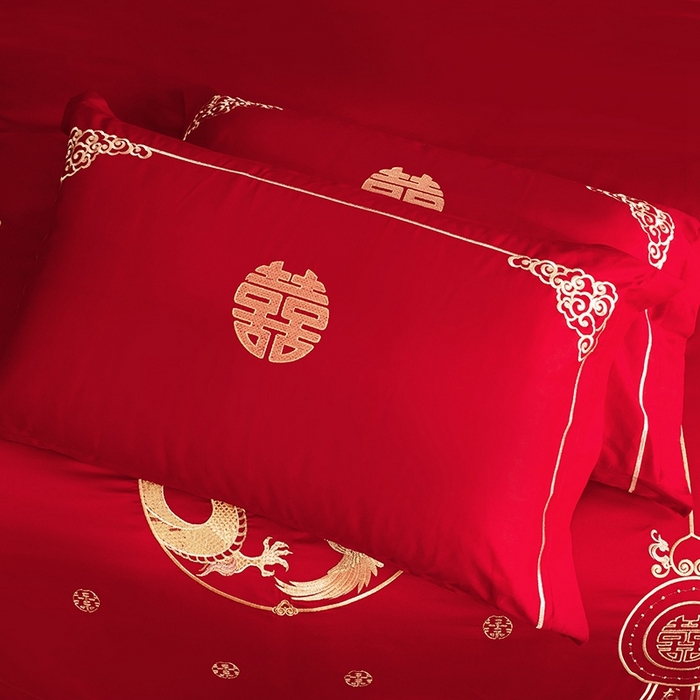 91家纺网 家纺一手货源 找家纺 晶缦家纺 2026新款喷气全棉13376纯棉刺绣花婚庆四件套 龙章凤姿