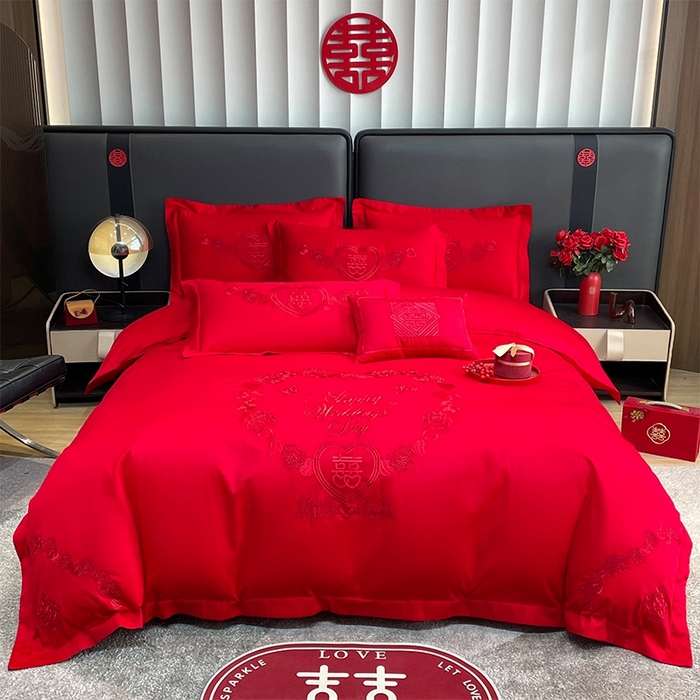 晶缦家纺 2026新款喷气全棉13376纯棉刺绣花婚庆四件套 新婚快乐-红