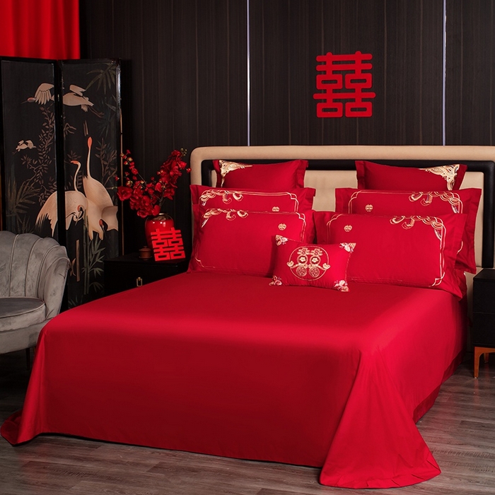 91家纺网 家纺一手货源 找家纺 晶缦家纺 2026新款喷气全棉13376纯棉刺绣花婚庆四件套 龙啸凤吟