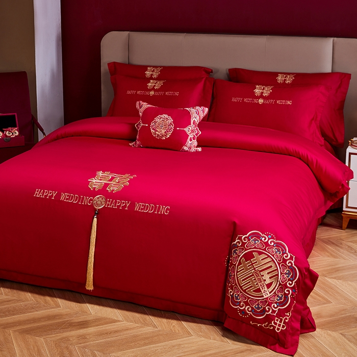 91家纺网 家纺一手货源 找家纺 晶缦家纺 2026新款喷气全棉13376纯棉刺绣花婚庆四件套 百年好合