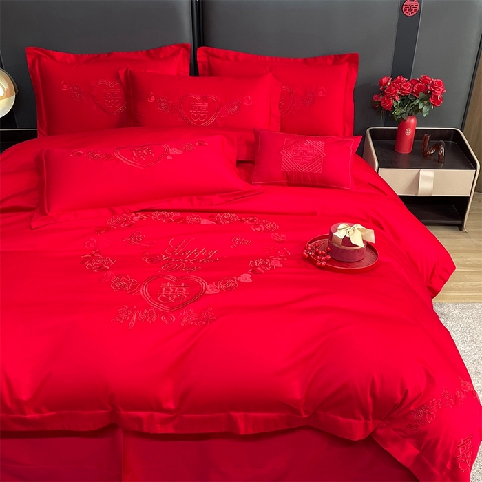 91家纺网 家纺一手货源 找家纺 晶缦家纺 2026新款喷气全棉13376纯棉刺绣花婚庆四件套 新婚快乐-红