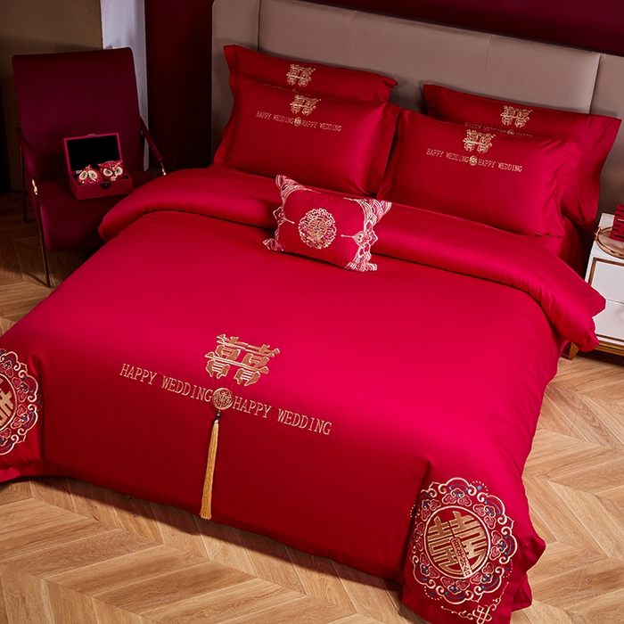 91家纺网 家纺一手货源 找家纺 晶缦家纺 2026新款喷气全棉13376纯棉刺绣花婚庆四件套 百年好合