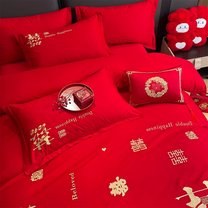 91家纺网 家纺一手货源 找家纺 晶缦家纺 2026新款喷气全棉13376纯棉刺绣花婚庆四件套 喜来登-金