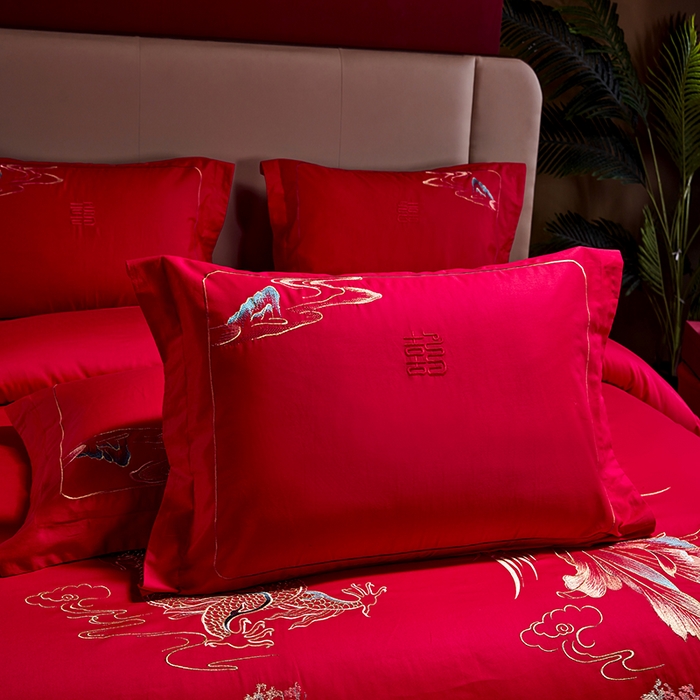 91家纺网 家纺一手货源 找家纺 晶缦家纺 2026新款喷气全棉13376纯棉刺绣花婚庆四件套 龙凤传玺