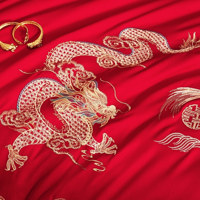 91家纺网 家纺一手货源 找家纺 晶缦家纺 2026新款喷气全棉13376纯棉刺绣花婚庆四件套 龙啸凤吟