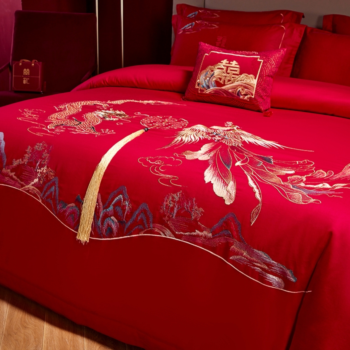 91家纺网 家纺一手货源 找家纺 晶缦家纺 2026新款喷气全棉13376纯棉刺绣花婚庆四件套 龙凤传玺