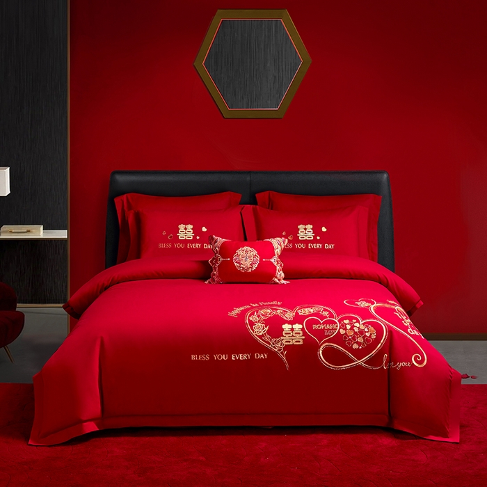 晶缦家纺 2026新款喷气全棉13376纯棉刺绣花婚庆四件套 永结同心