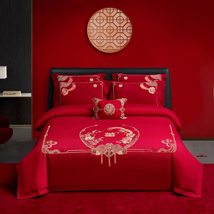 晶缦家纺 2026新款喷气全棉13376纯棉刺绣花婚庆四件套 缘来是你