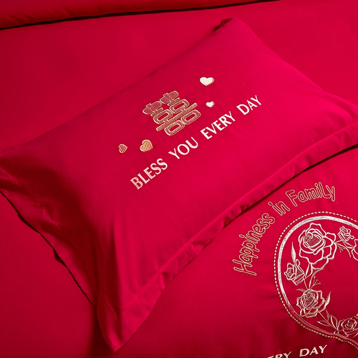 91家纺网 家纺一手货源 找家纺 晶缦家纺 2026新款喷气全棉13376纯棉刺绣花婚庆四件套 永结同心