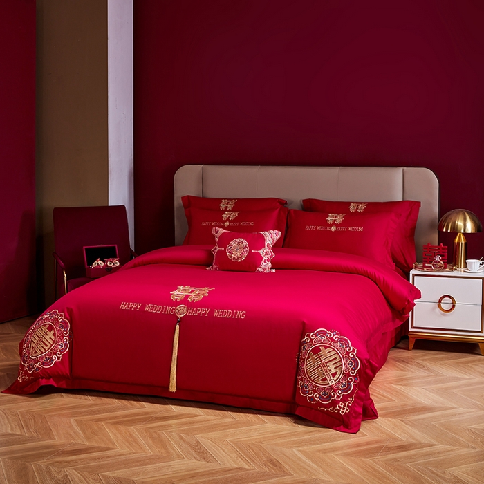 91家纺网 家纺一手货源 找家纺 晶缦家纺 2026新款喷气全棉13376纯棉刺绣花婚庆四件套 百年好合