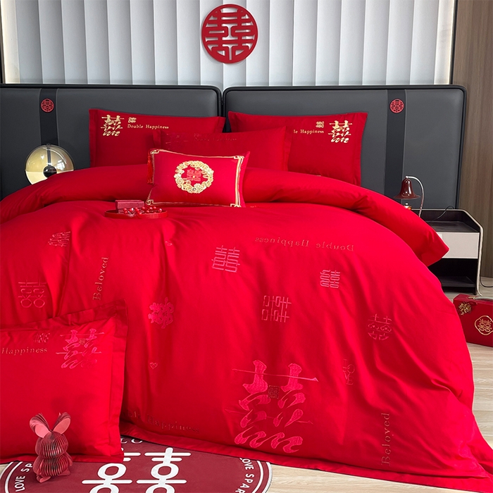 91家纺网 家纺一手货源 找家纺 晶缦家纺 2026新款喷气全棉13376纯棉刺绣花婚庆四件套 喜来登-红