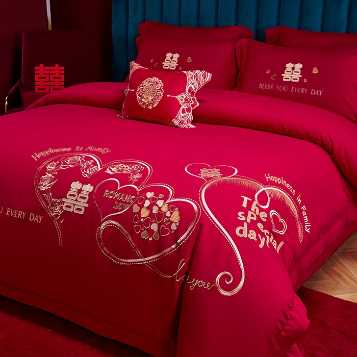 91家纺网 家纺一手货源 找家纺 晶缦家纺 2026新款喷气全棉13376纯棉刺绣花婚庆四件套 永结同心