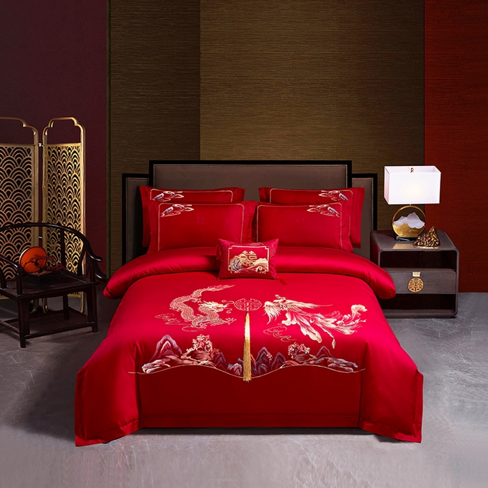 91家纺网 家纺一手货源 找家纺 晶缦家纺 2026新款喷气全棉13376纯棉刺绣花婚庆四件套 龙凤传玺