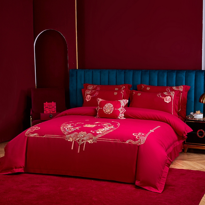 91家纺网 家纺一手货源 找家纺 晶缦家纺 2026新款喷气全棉13376纯棉刺绣花婚庆四件套 缘来是你