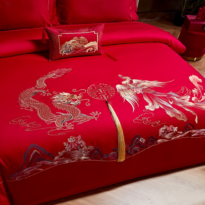 91家纺网 家纺一手货源 找家纺 晶缦家纺 2026新款喷气全棉13376纯棉刺绣花婚庆四件套 龙凤传玺