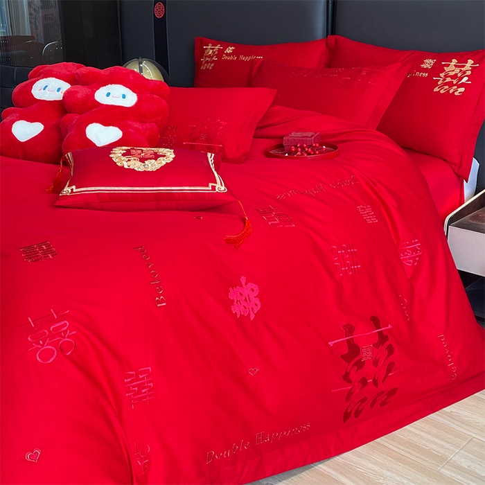 91家纺网 家纺一手货源 找家纺 晶缦家纺 2026新款喷气全棉13376纯棉刺绣花婚庆四件套 喜来登-红