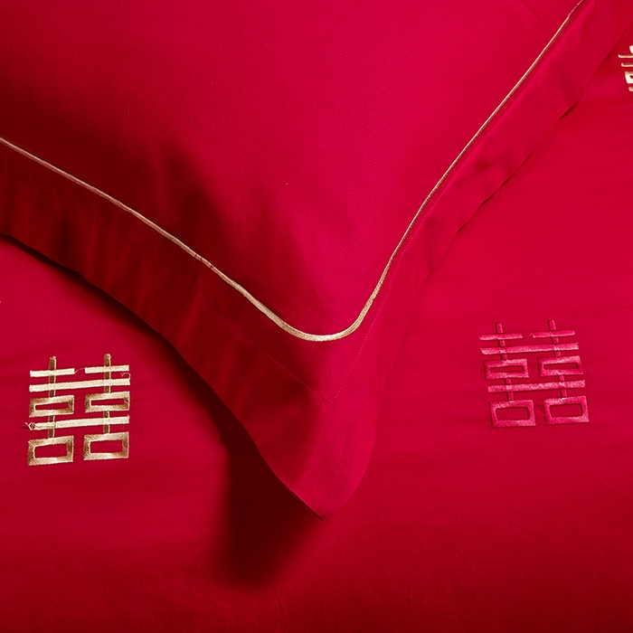 91家纺网 家纺一手货源 找家纺 晶缦家纺 2026新款喷气全棉13376纯棉刺绣花婚庆四件套 吾家有喜