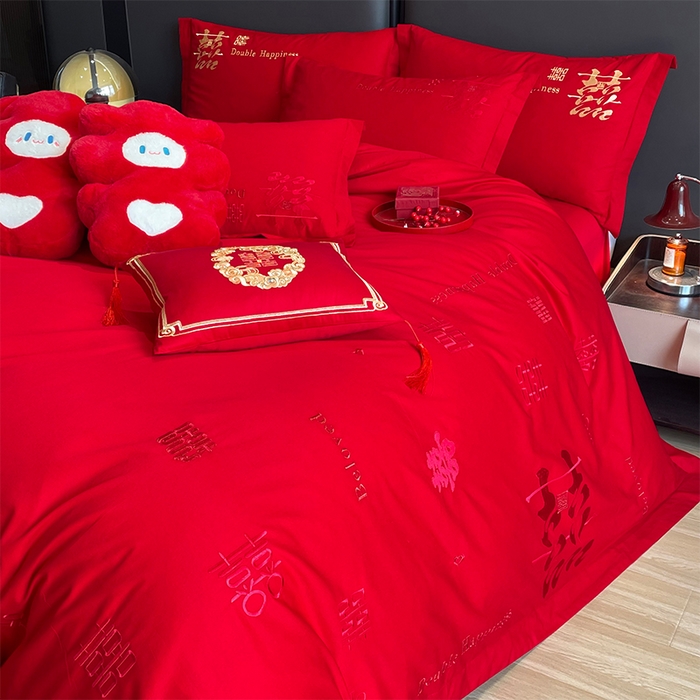 91家纺网 家纺一手货源 找家纺 晶缦家纺 2026新款喷气全棉13376纯棉刺绣花婚庆四件套 喜来登-红