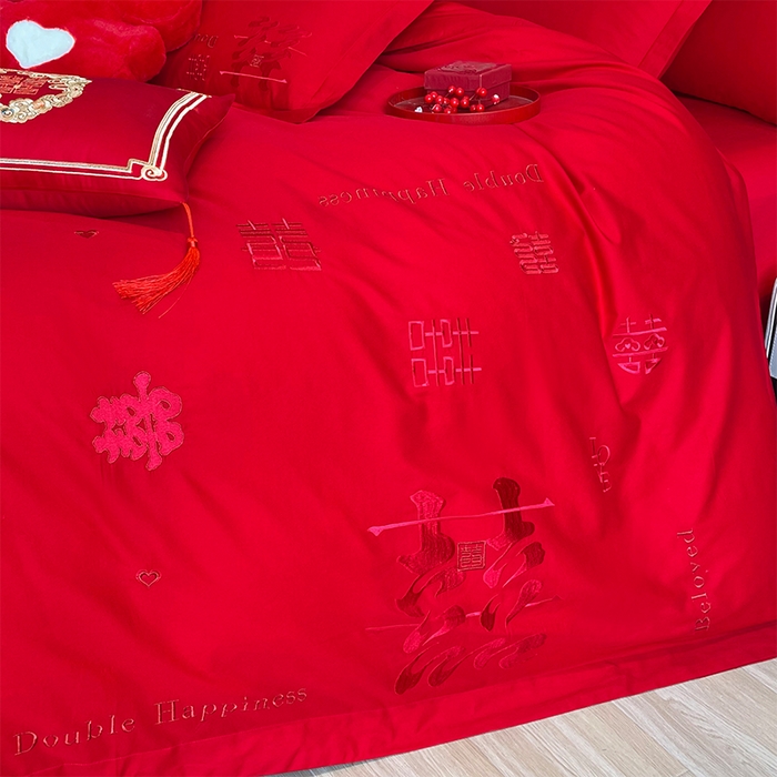 91家纺网 家纺一手货源 找家纺 晶缦家纺 2026新款喷气全棉13376纯棉刺绣花婚庆四件套 喜来登-红