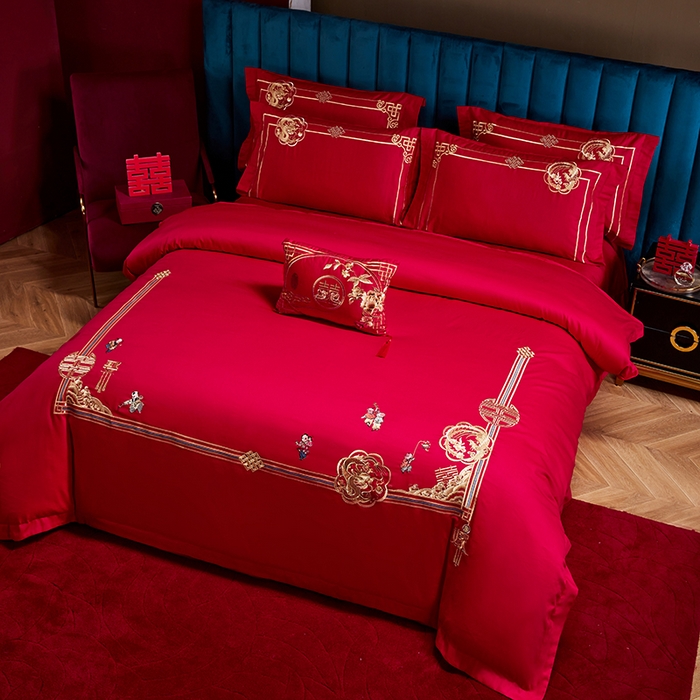 91家纺网 家纺一手货源 找家纺 晶缦家纺 2026新款喷气全棉13376纯棉刺绣花婚庆四件套 麒麟送子