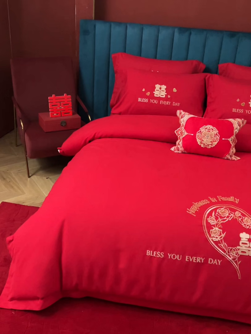 91家纺网 家纺一手货源 找家纺 晶缦家纺 2026新款喷气全棉13376纯棉刺绣花婚庆四件套 永结同心